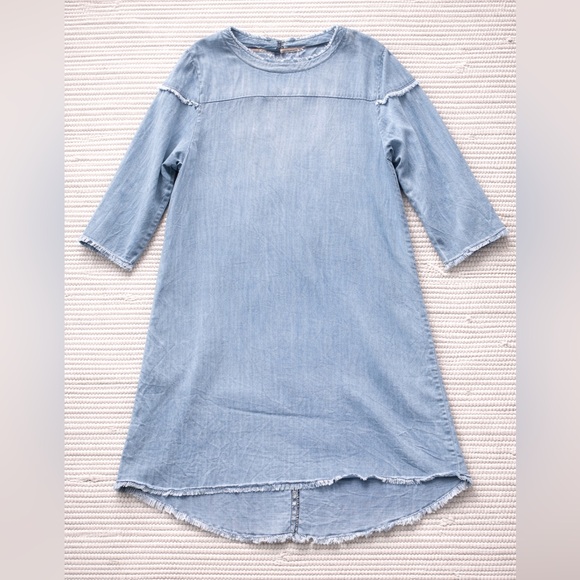 Dresses & Skirts - Lyocell Denim Shift Dress Frayed Hem Boho Mini Soft Chambray